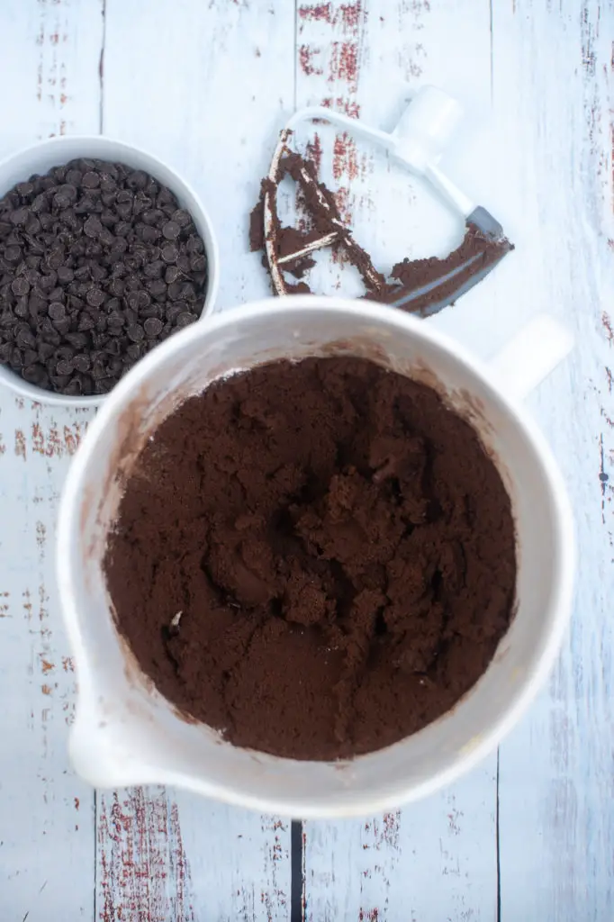 Copycat Girl Scout Thin Mints batter in a mixing bowl. 