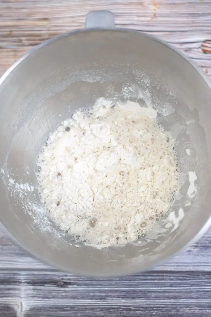Flour and water in a mixing bowl.