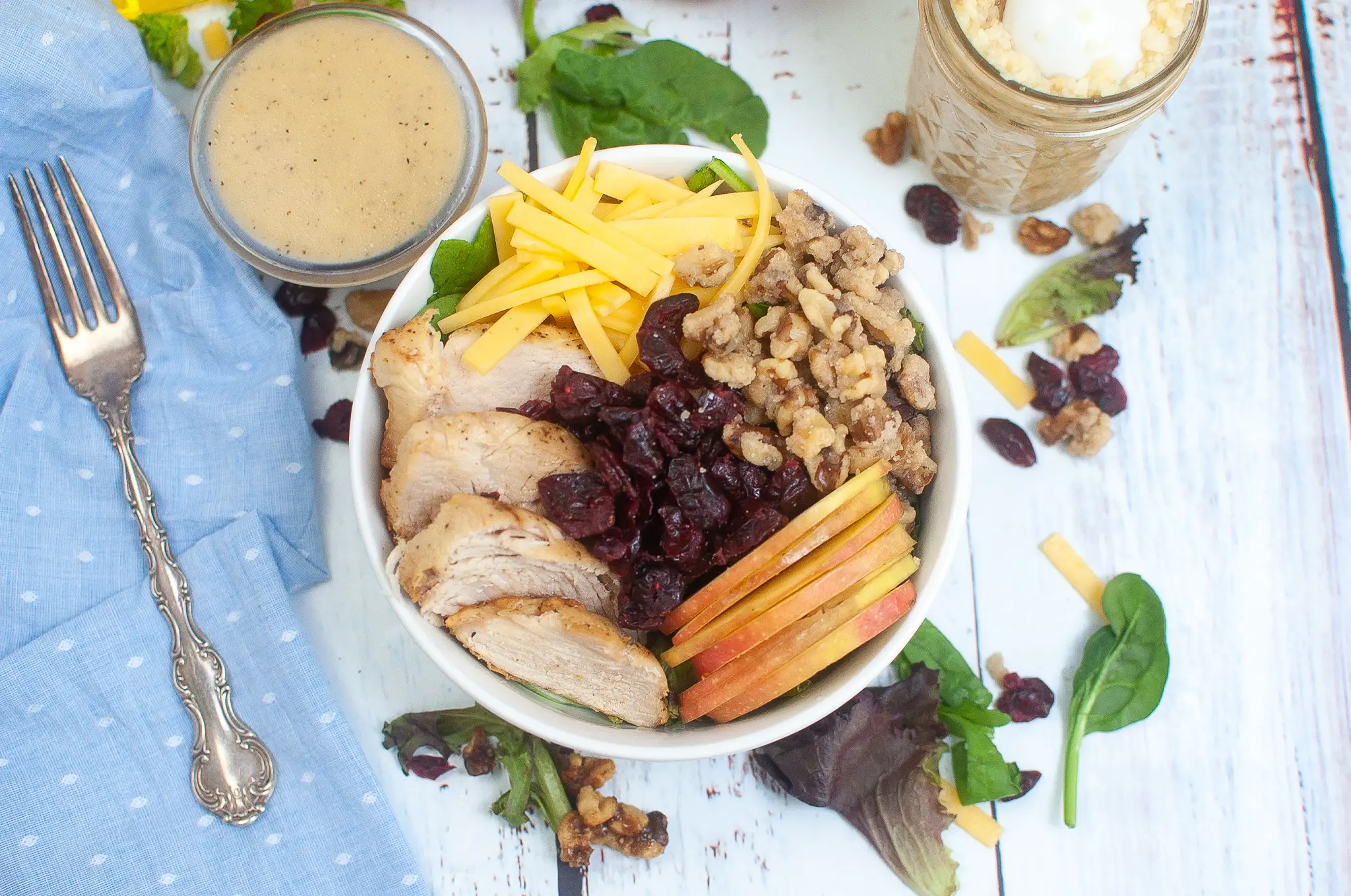 Chicken Salad with Candied Walnuts, Gouda, Apples, and Apple Cider Vinaigrette Dressing