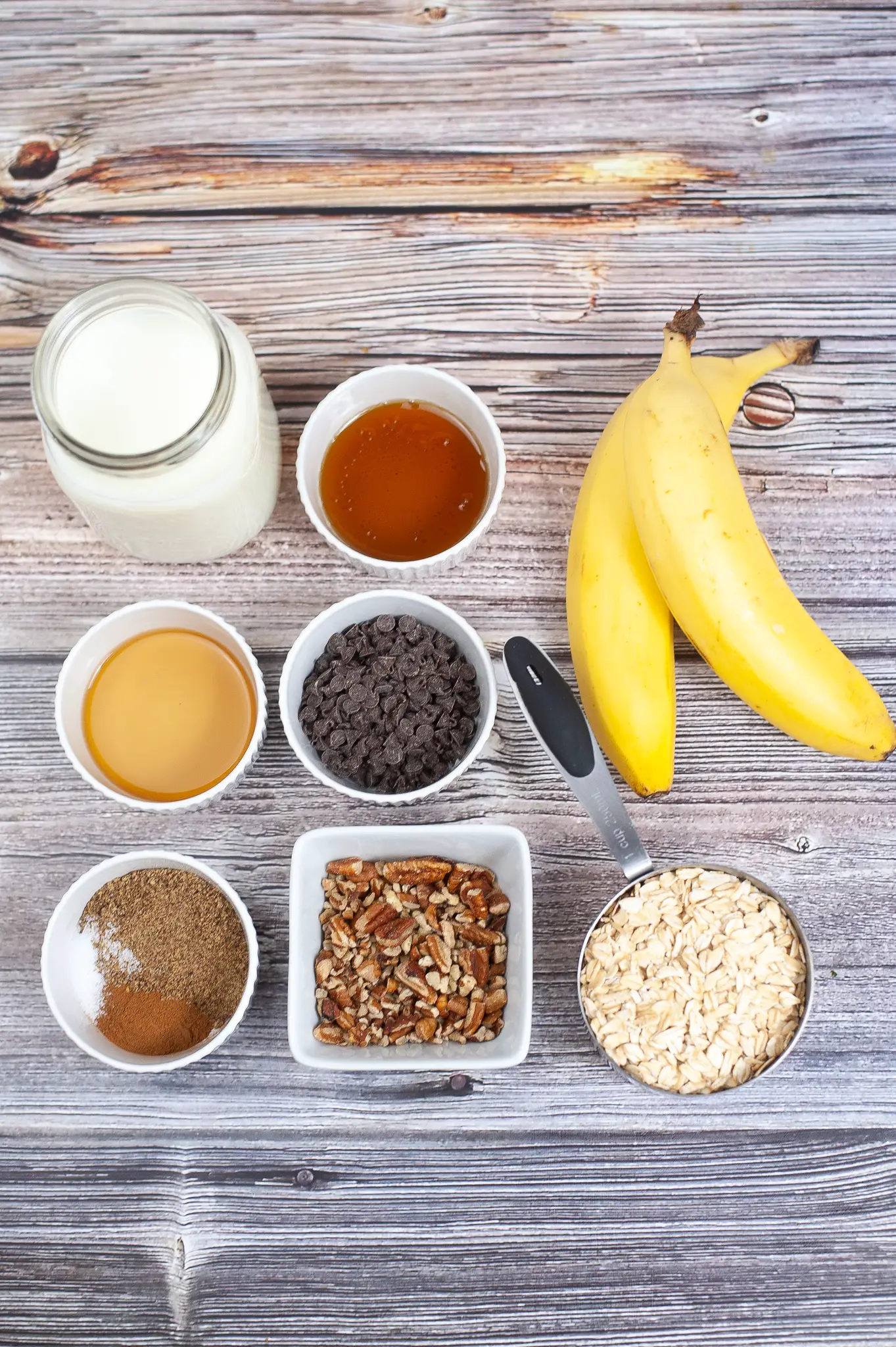 Ingredients for Chocolate Chip Banana Overnight Oats.