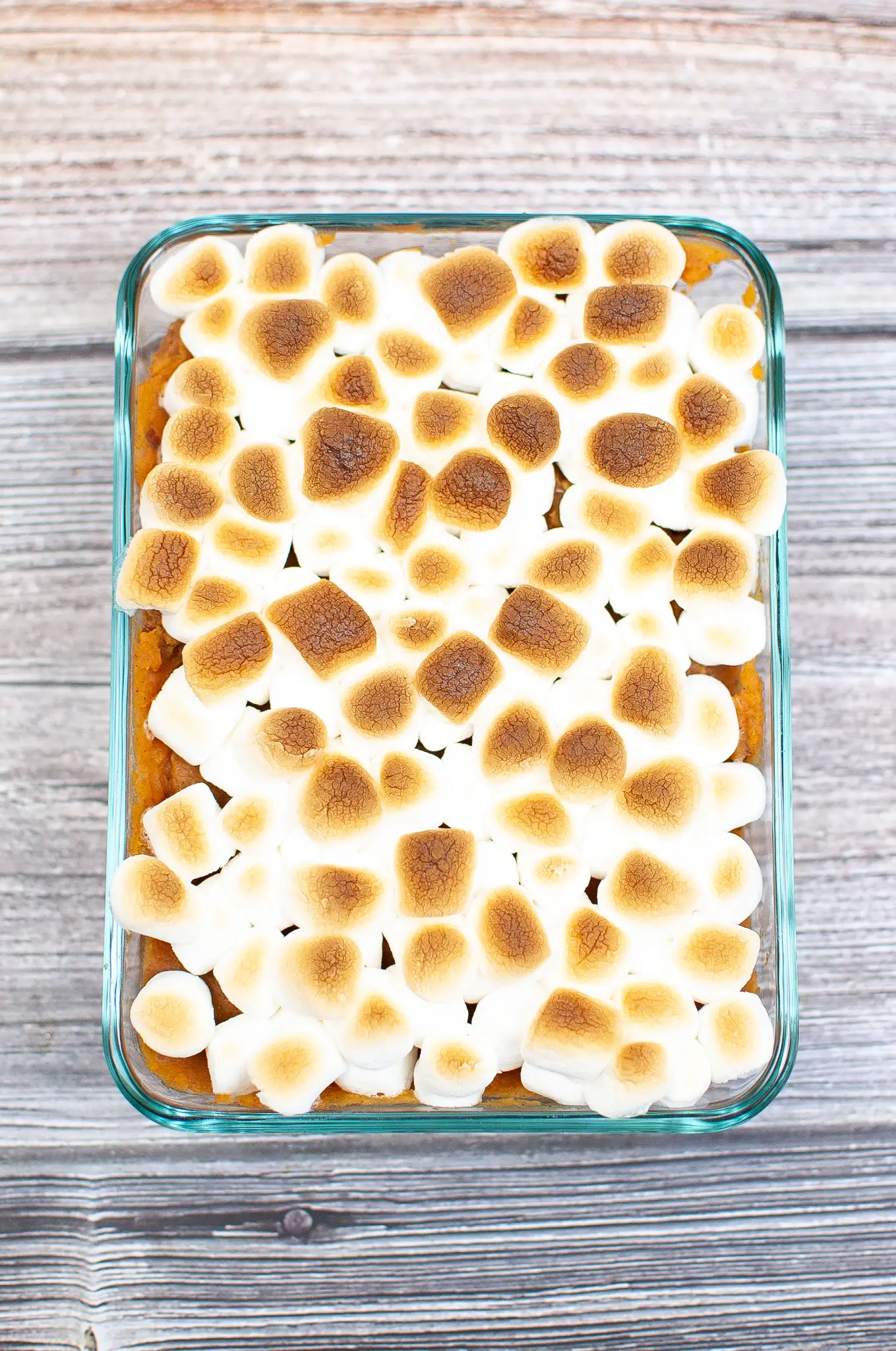 Sweet potato casserole cooked, and marshmallows toasted.