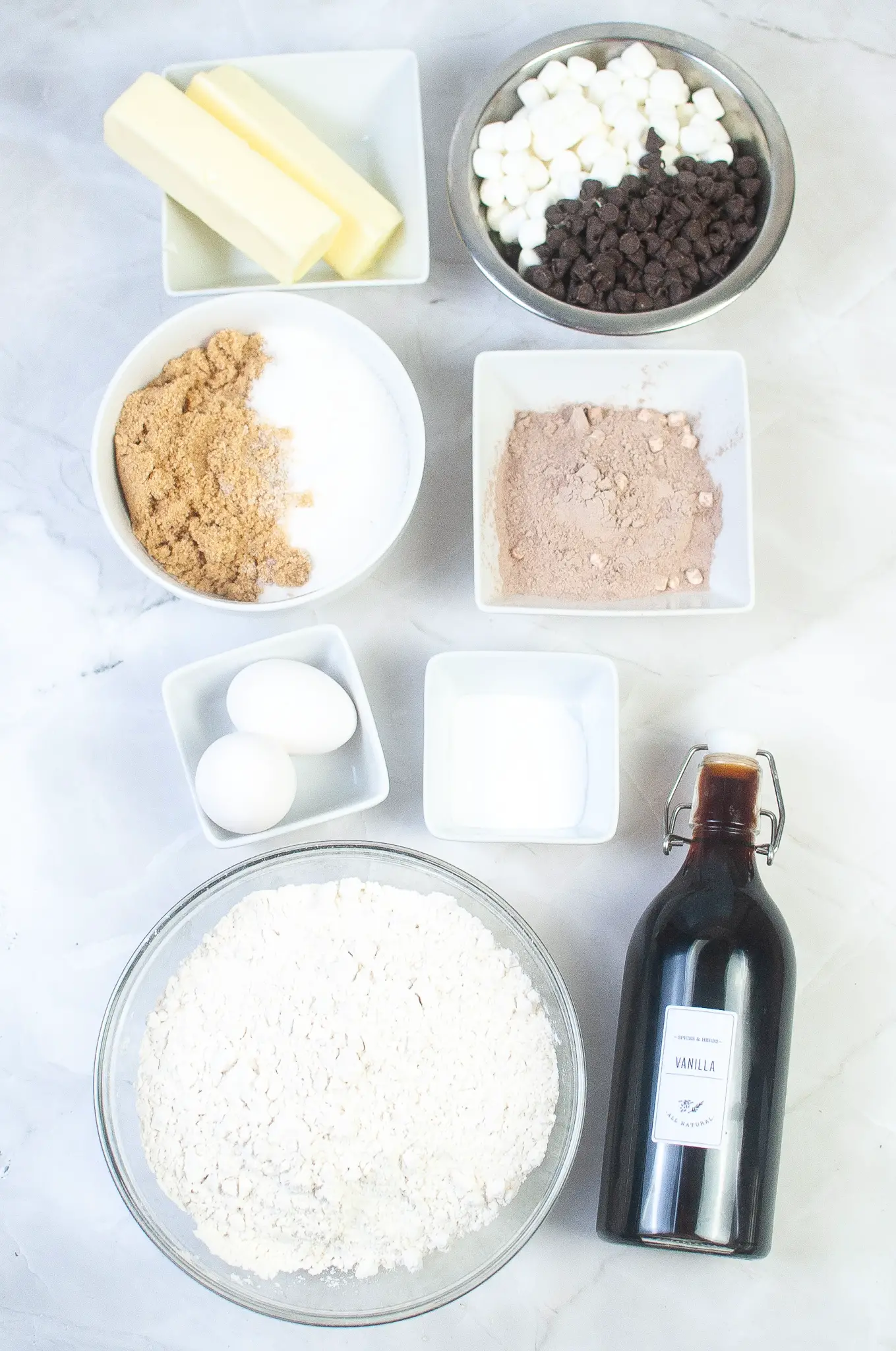 Ingredients in bowls for Air Fryer Hot Cocoa Cookies.