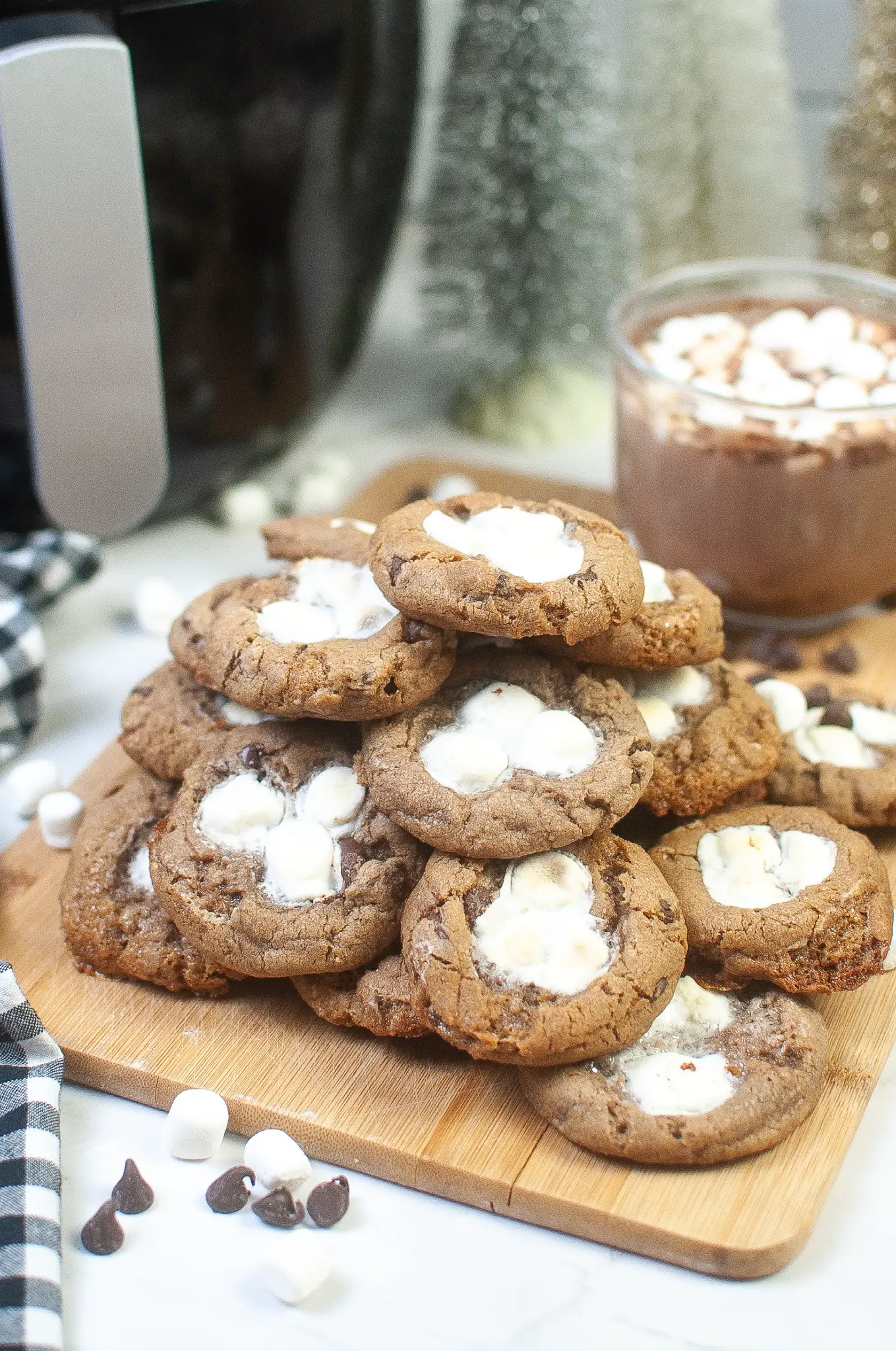 Air Fryer Hot Cocoa Cookies on a cutting board.