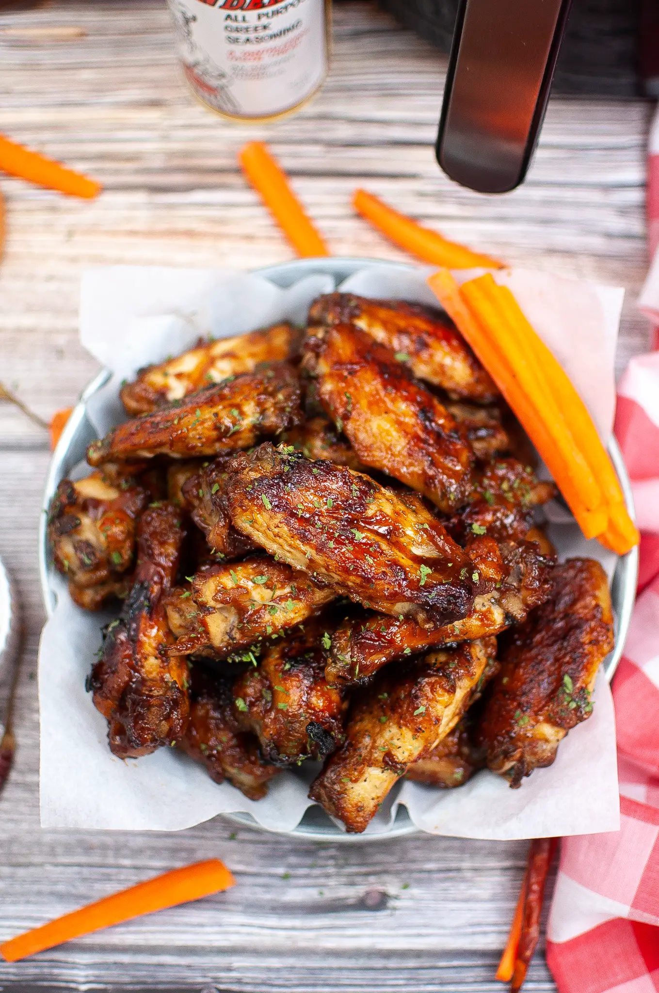 Air Fryer BBQ chicken wings in a bowl.